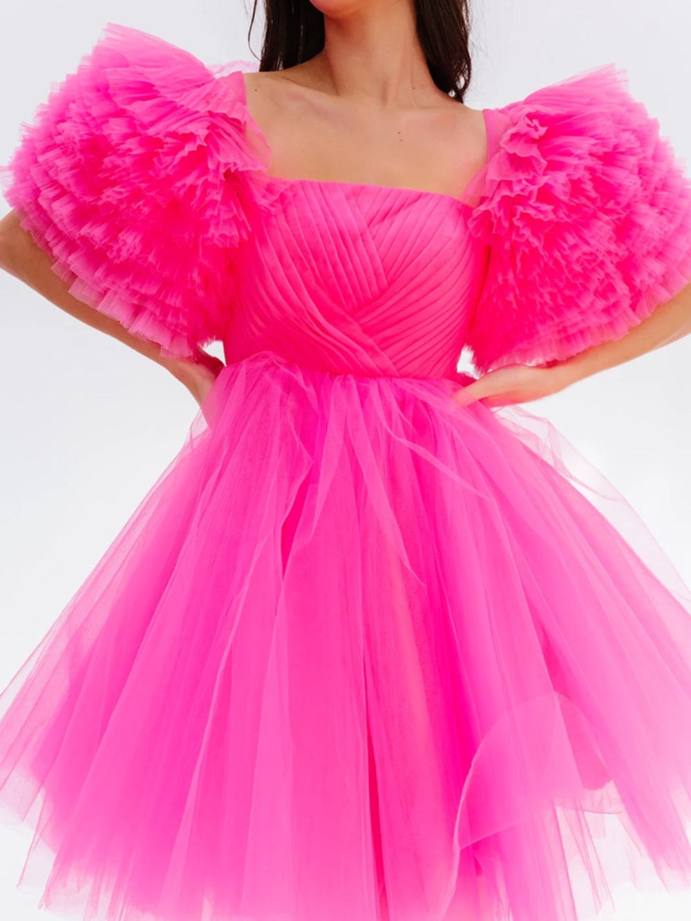 Hot Pink Tulle Puff Sleeve Party Dress